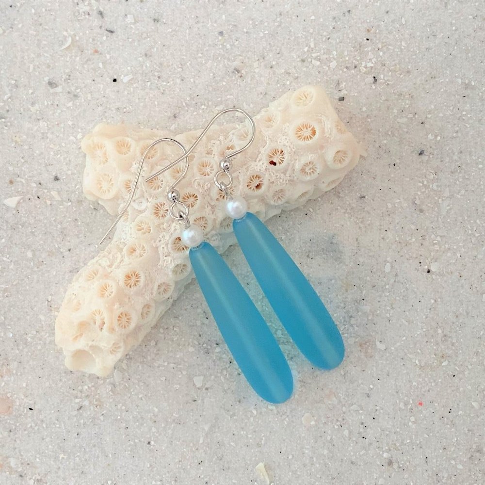 Blue Sea Glass Dangle Earrings with Pearl Womens Girls Beach Jewelry Gifts